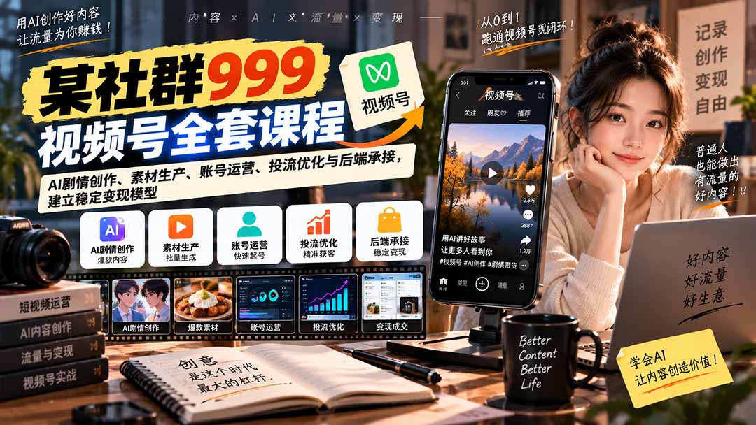 【无水印】某社群999视频号全套课程:AI剧情创作、素材生产、账号运营、投流优化与后端承接,建立稳定变现模型-精品虚拟资源库