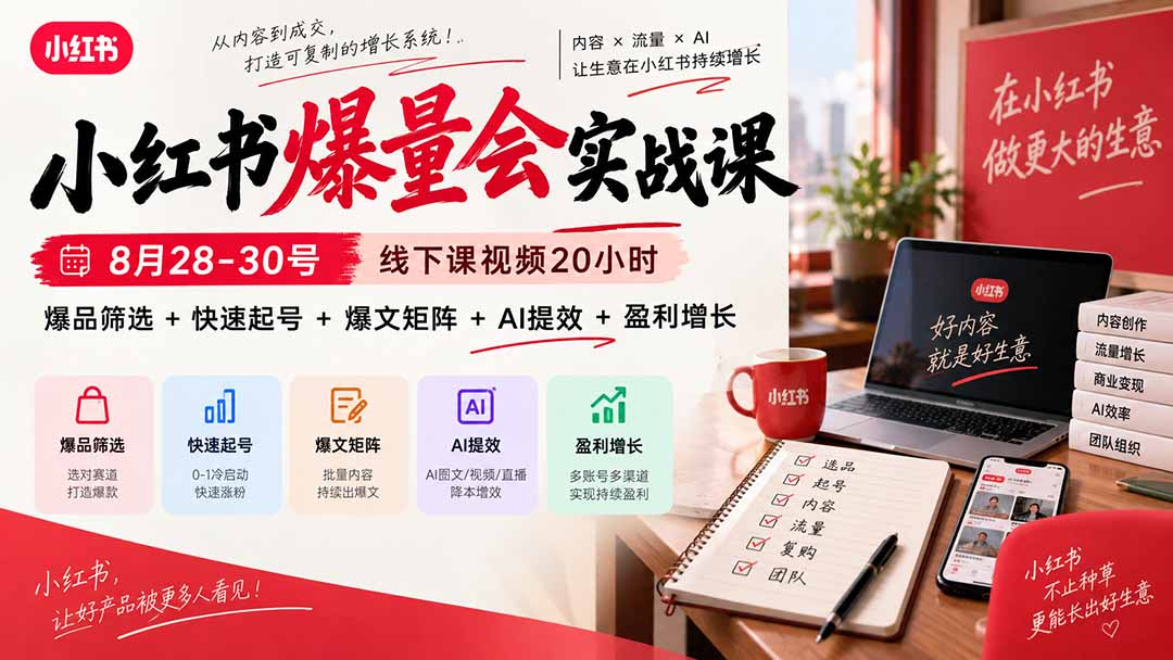 小红书爆量会实战课：8月28-30号线下课视频20小时，爆品筛选+快速起号+爆文矩阵+AI提效+盈利增长-精品虚拟资源库