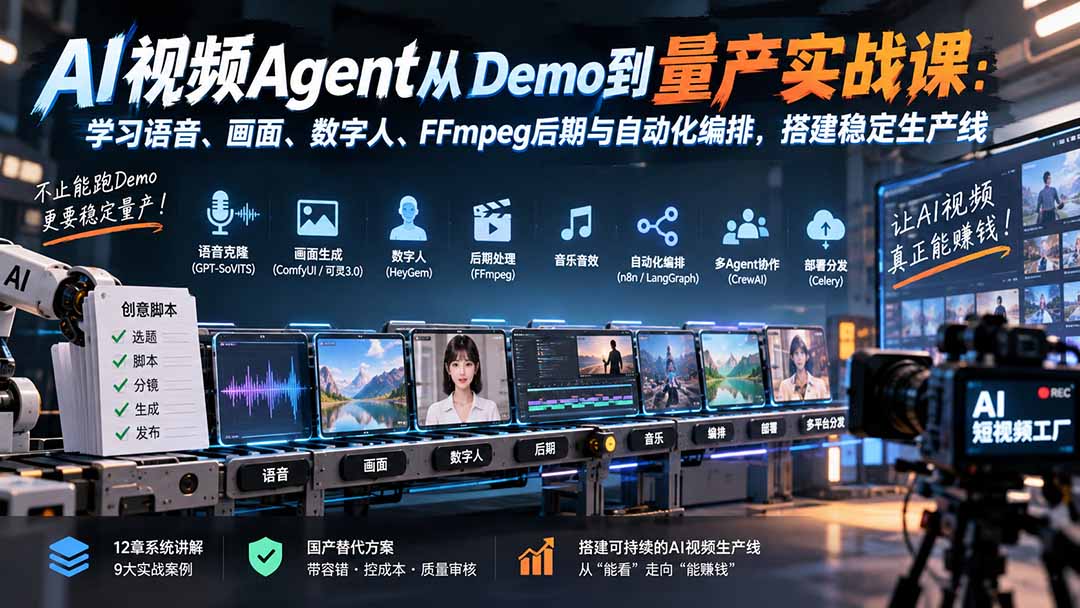 AI视频Agent从Demo到量产实战课：学习语音、画面、数字人、FFmpeg后期与自动化编排，搭建稳定生产线-精品虚拟资源库