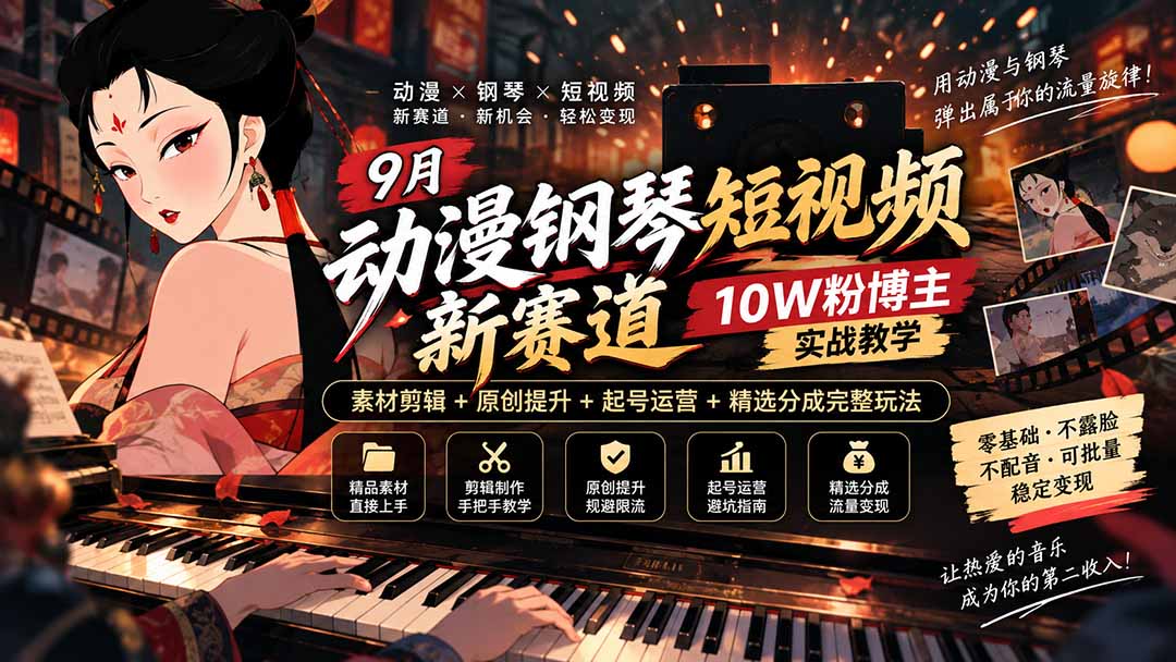 9月动漫钢琴短视频新赛道｜10W粉博主实战教学，素材剪辑+原创提升+起号运营+精选分成完整玩法-精品虚拟资源库