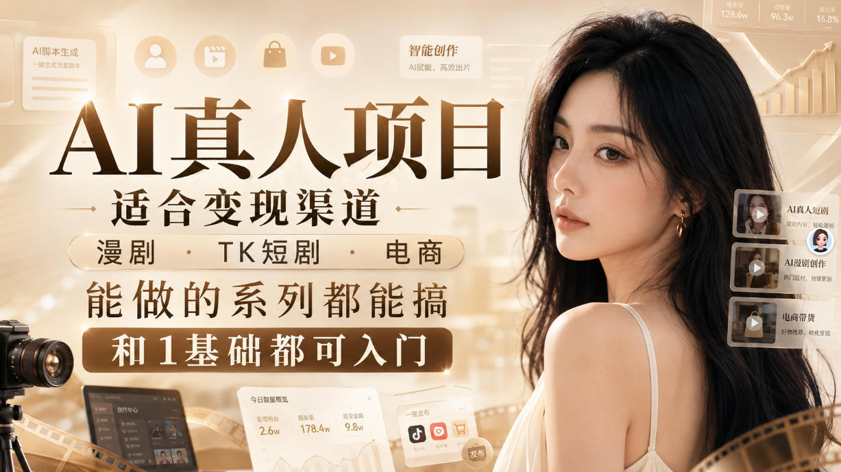 AI真人项目,适合变现渠道,漫剧,TK短剧,电商,能做的系列都能搞,0和1基础都可入门-精品虚拟资源库