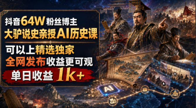 抖音64W粉丝博主大驴说史亲授AI历史课,可以上精选独家,全网发布收益更可观,单日收益1k+(更新)-精品虚拟资源库