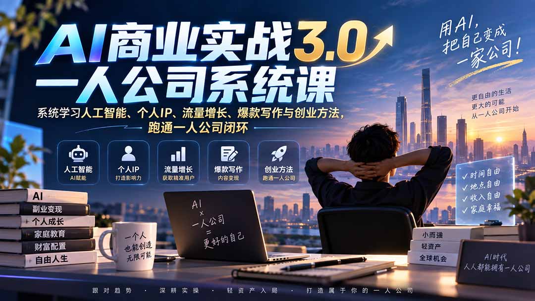 AI商业实战3.0一人公司系统课：系统学习人工智能、个人IP、流量增长、爆款写作与创业方法，跑通一人公司闭环-精品虚拟资源库