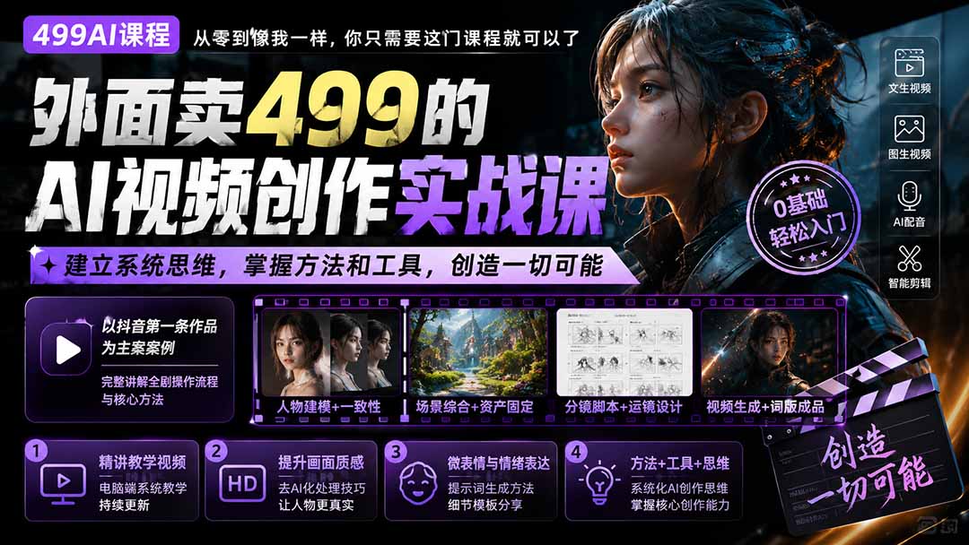 外面卖499的AI视频创作实战课：建立系统思维，掌握方法和工具，创造一切可能。-精品虚拟资源库