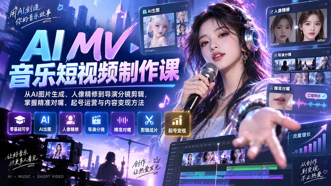 AI MV音乐短视频制作课:从AI图片生成、人像精修到导演分镜剪辑,掌握精准对嘴、起号运营与内容变现方法-精品虚拟资源库