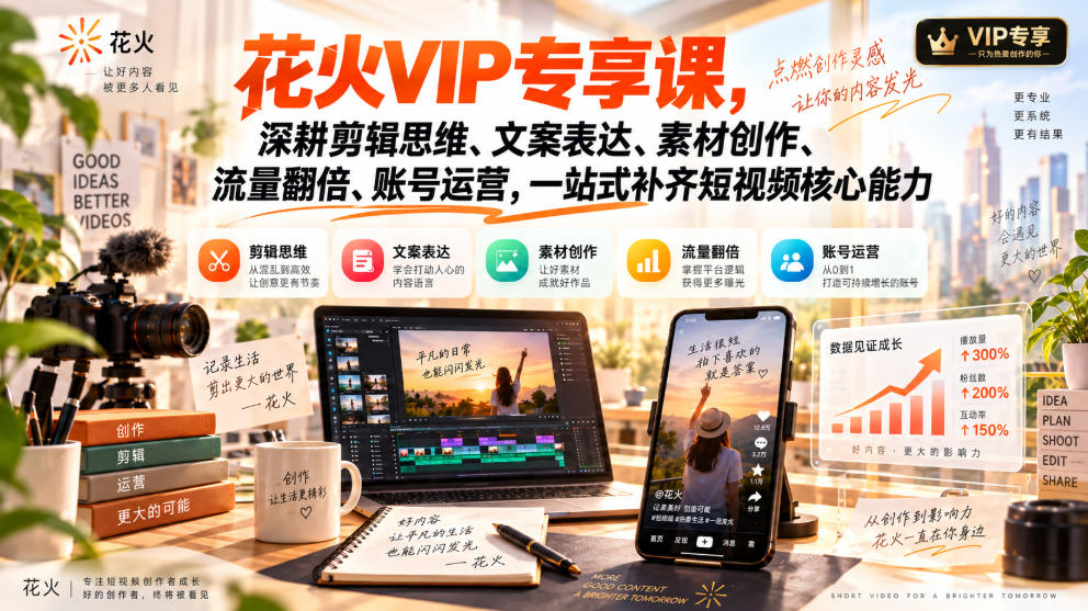 花火VIP专享课,深耕剪辑思维、文案表达、素材创作、流量翻倍、账号运营,一站式补齐短视频核心能力-精品虚拟资源库