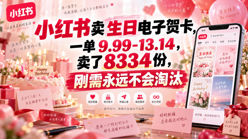 小红书卖生日电子贺卡,一单9.99-13.14,卖了8334份,刚需永远不会淘汰-精品虚拟资源库