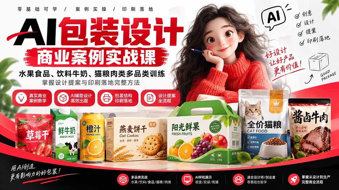 AI包装设计商业案例实战课：水果食品、饮料牛奶、猫粮肉类多品类训练，掌握设计提案与印刷落地完整方法-精品虚拟资源库