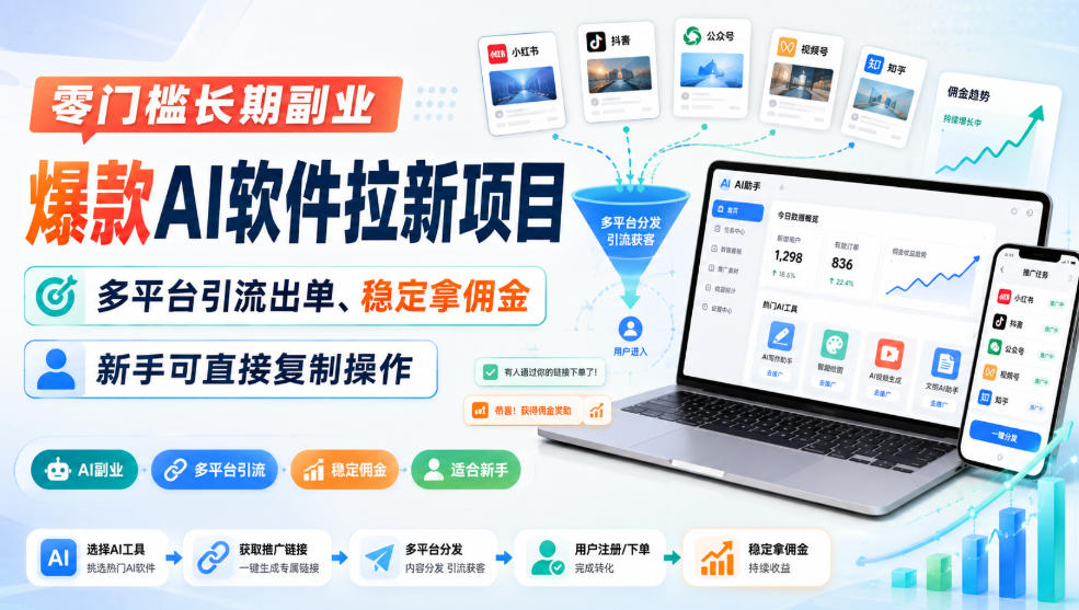 零门槛长期副业,爆款AI软件拉新项目,多平台引流出单、稳定拿佣金,新手可直接复制操作-精品虚拟资源库