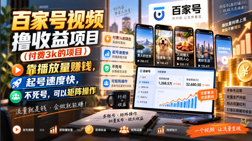 百家号视频撸收益项目(付费3k的项目)，靠播放量賺钱，起号速度快，不死号，可以矩阵操作-精品虚拟资源库