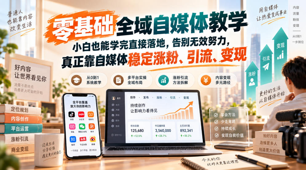 零基础全域自媒体教学,小白也能学完直接落地,告别无效努力,真正靠自媒体稳定涨粉、引流、变现-精品虚拟资源库