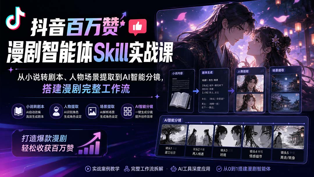 抖音百万赞漫剧智能体Skill实战课:从小说转剧本、人物场景提取到AI智能分镜,搭建漫剧完整工作流-精品虚拟资源库