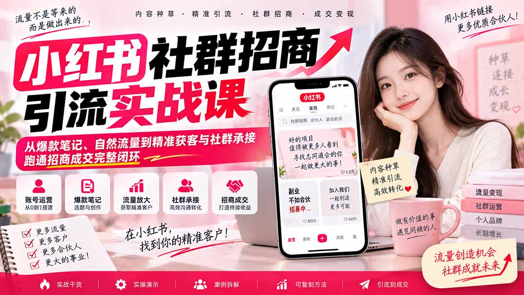 小红书社群招商引流实战课-无水印：从爆款笔记、自然流量到精准获客与社群承接，跑通招商成交完整闭环-精品虚拟资源库
