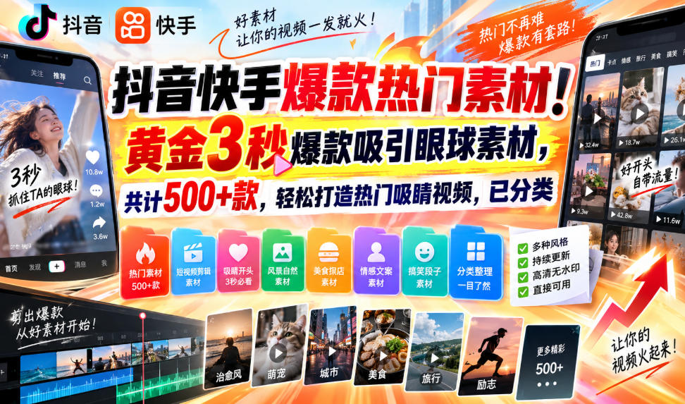 抖音快手爆款热门素材!黄金3秒爆款吸引眼球素材,共计500+款,轻松打造热门吸睛视频,已分类-精品虚拟资源库