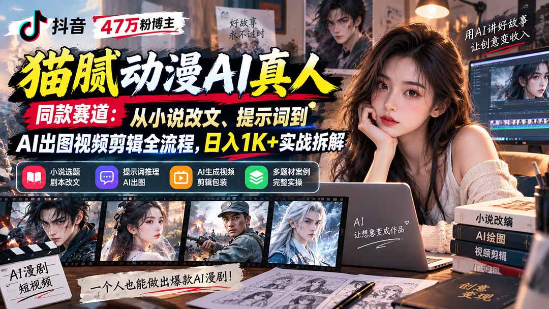 抖音47万粉博主猫腻动漫AI真人同款赛道：从小说改文、提示词到AI出图视频剪辑全流程，日入1K+实战拆解-精品虚拟资源库
