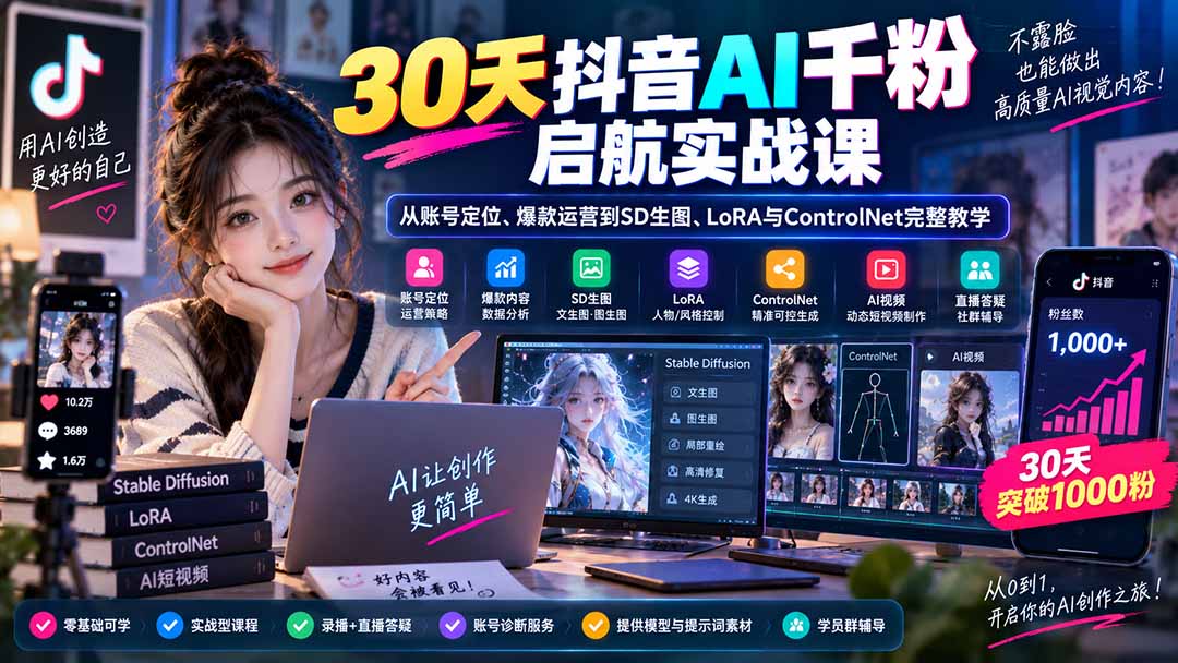 30天抖音AI千粉启航实战课：从账号定位、爆款运营到SD生图、LoRA与ControlNet完整教学-精品虚拟资源库