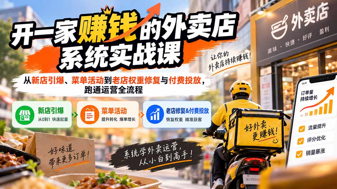 开一家赚钱的外卖店系统实战课:从新店引爆、菜单活动到老店权重修复与付费投放,跑通运营全流程-精品虚拟资源库