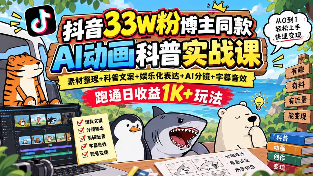 抖音33W粉博主同款AI动画科普实战课｜素材整理+科普文案+娱乐化表达+AI分镜+字幕音效，跑通日收益1K+玩法-精品虚拟资源库