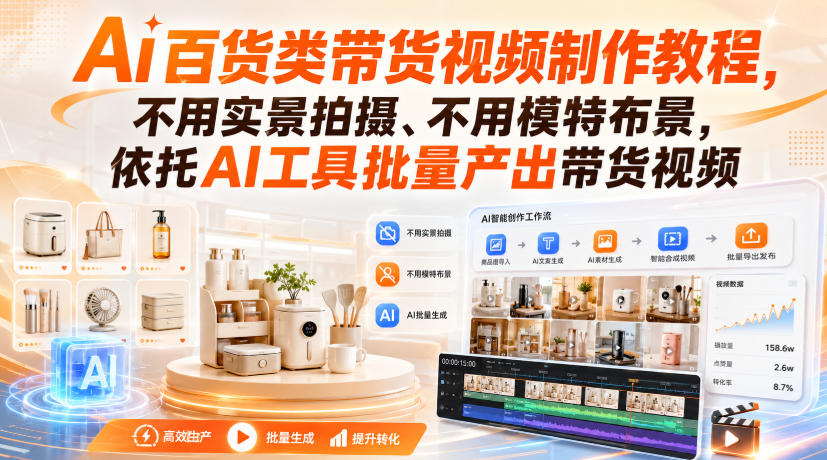 Ai百货类带货视频制作教程,不用实景拍摄、不用模特布景,依托AI工具批量产出带货视频-精品虚拟资源库