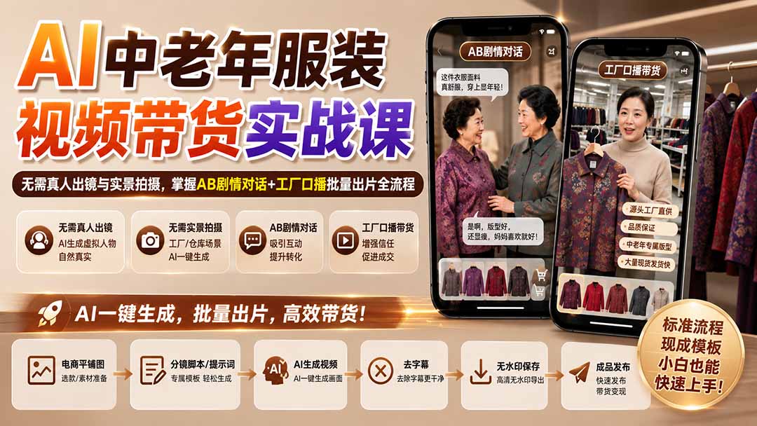AI中老年服装视频带货实战课:无需真人出镜与实景拍摄,掌握AB剧情对话+工厂口播批量出片全流程-精品虚拟资源库