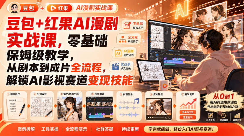 豆包+红果AI漫剧实战课，零基础保姆级教学，从剧本到成片全流程，解锁AI影视赛道变现技能-精品虚拟资源库