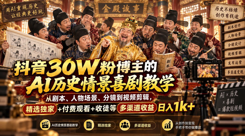 抖音30W粉博主的AI历史情景喜剧教学,从剧本、人物场景、分镜到视频剪辑,精选独家+付费观看+收徒等多渠道收益日入1k+-精品虚拟资源库