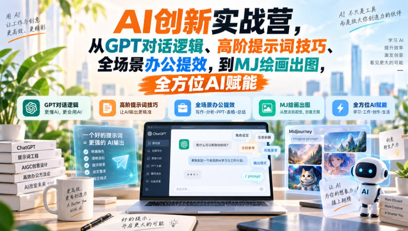 AI创新实战营，从GPT对话逻辑、高阶提示词技巧、全场景办公提效，到MJ绘画出图，全方位AI赋能-精品虚拟资源库