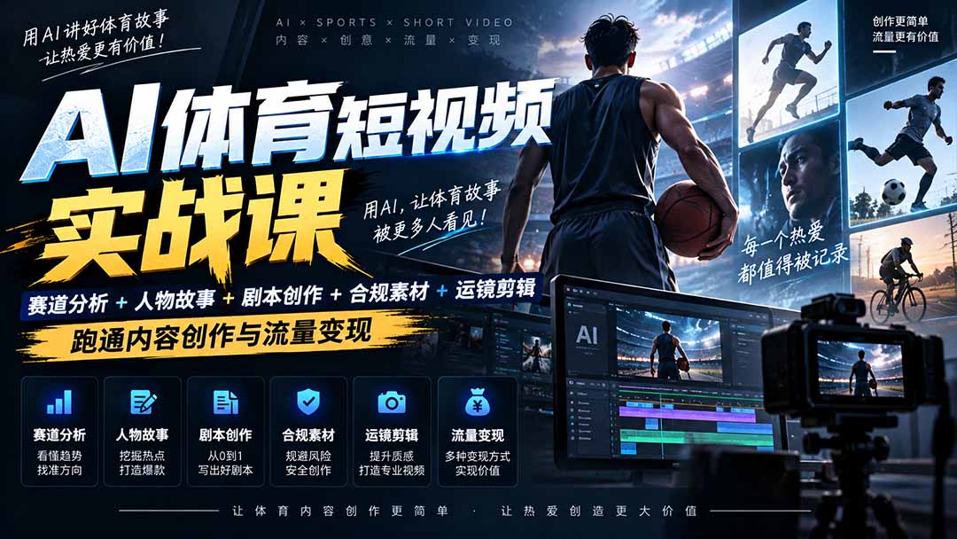 AI体育短视频赛道顶级玩法｜赛道分析+人物故事+剧本创作+版权处理+运镜剪辑，跑通流量变现-日赚1K+-精品虚拟资源库