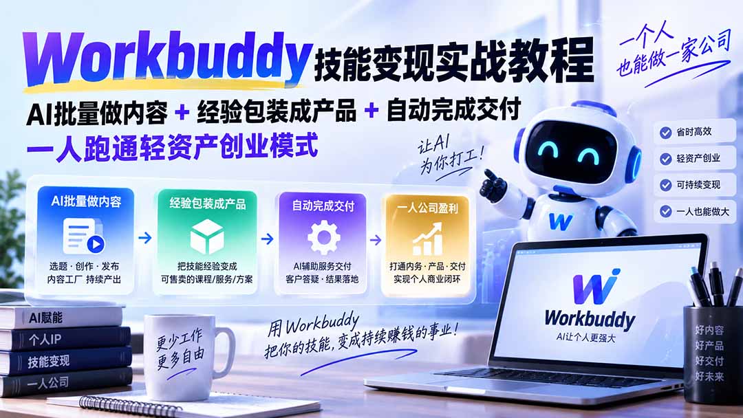 Workbuddy技能变现实战教程：AI批量做内容+经验包装成产品+自动完成交付，一人跑通轻资产创业模式-精品虚拟资源库