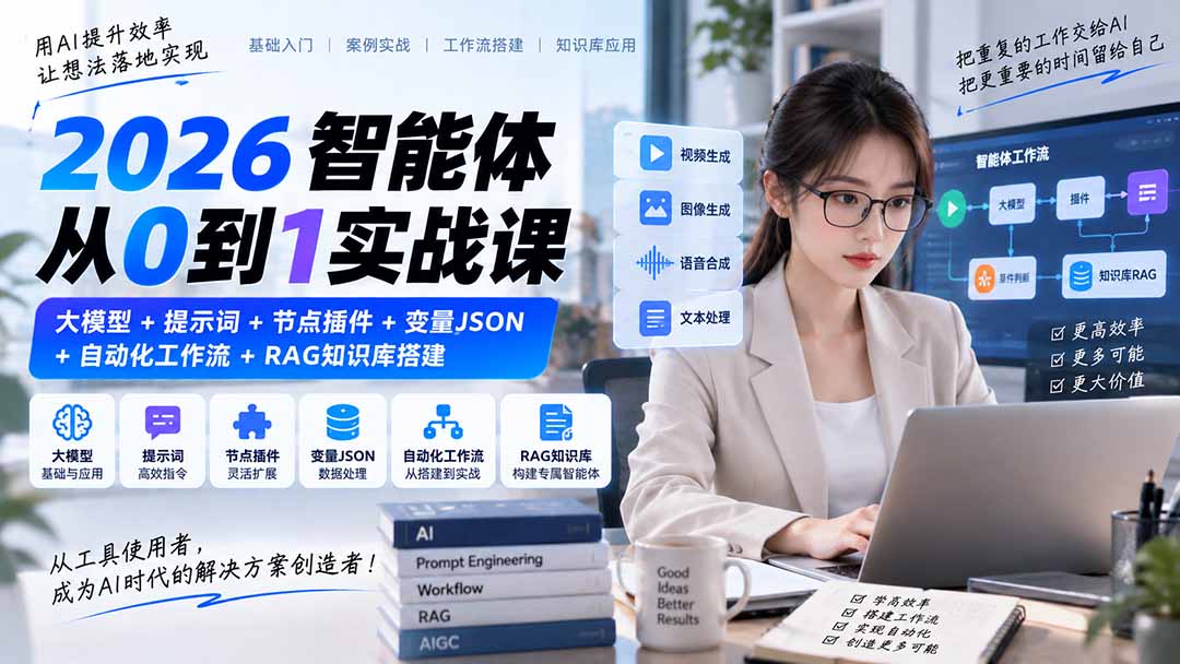 2026智能体从0到1实战课|大模型+提示词+节点插件+变量JSON+自动化工作流+RAG知识库搭建-精品虚拟资源库