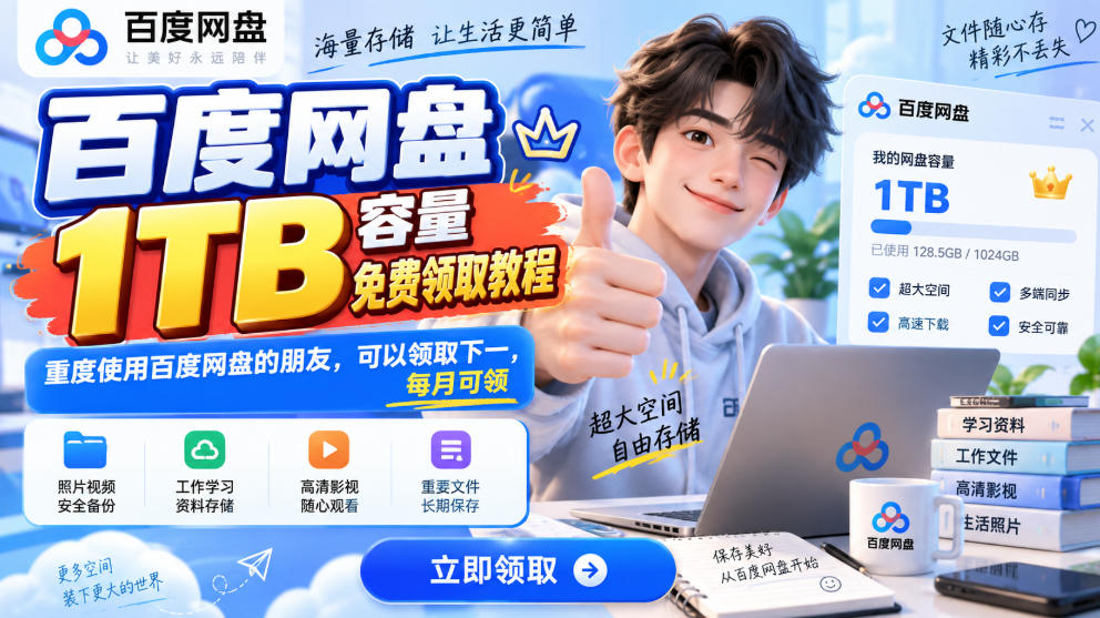 百度网盘1TB容量免费领取教程，重度使用百度网盘的朋友，可以领取下一，每月可领-精品虚拟资源库