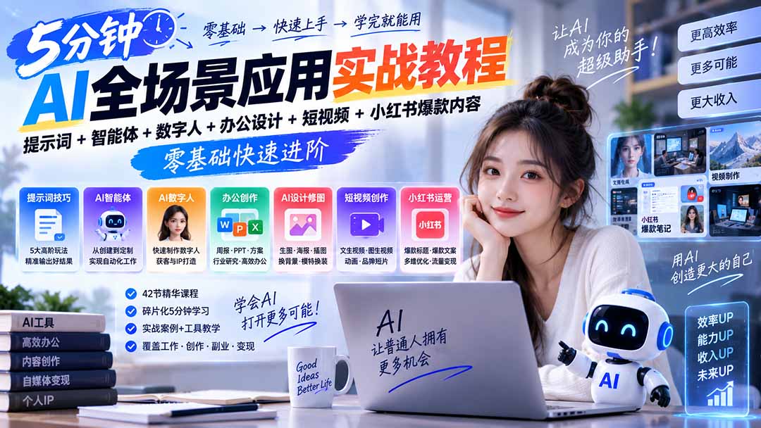 AI全场景应用实战教程｜提示词+智能体+数字人+办公设计+短视频+小红书爆款内容，零基础快速进阶-精品虚拟资源库