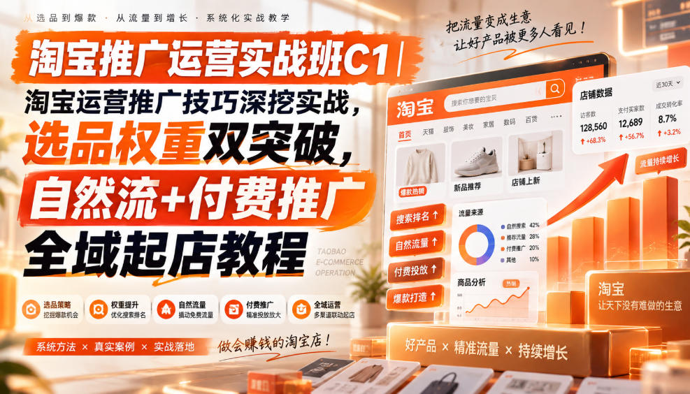 淘宝推广运营实战班C1｜淘宝运营推广技巧深挖实战，选品权重双突破，自然流+付费推广全域起店教程-精品虚拟资源库