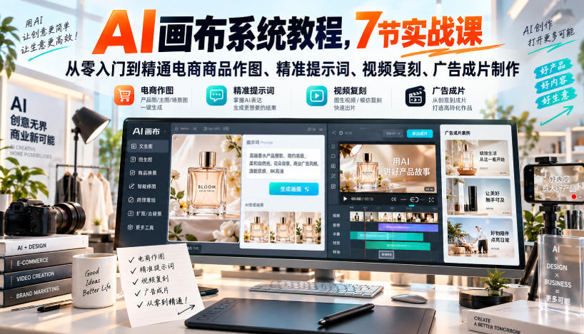 AI画布系统教程，7节实战课从零入门到精通电商商品作图、精准提示词、视频复刻、广告成片制作-精品虚拟资源库