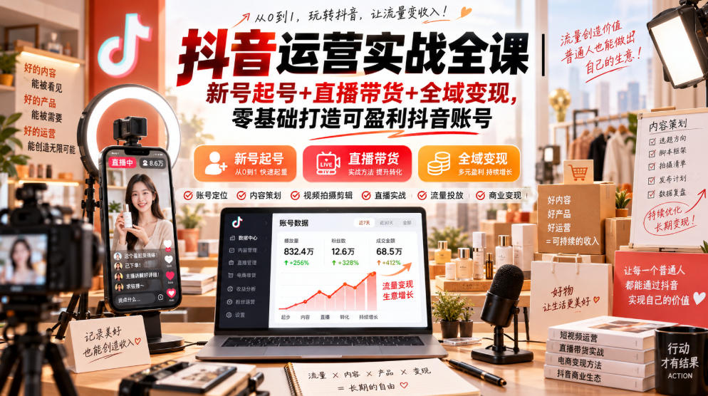抖音运营实战全课|新号起号+直播带货+全域变现,零基础打造可盈利抖音账号-精品虚拟资源库