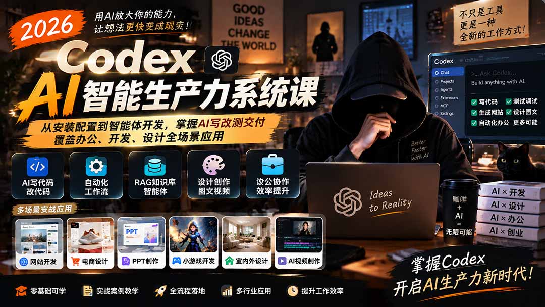 2026 Codex AI智能生产力系统课-更新|从安装配置到智能体开发,掌握AI写改测交付,覆盖办公、开发、设计全场景应用-精品虚拟资源库