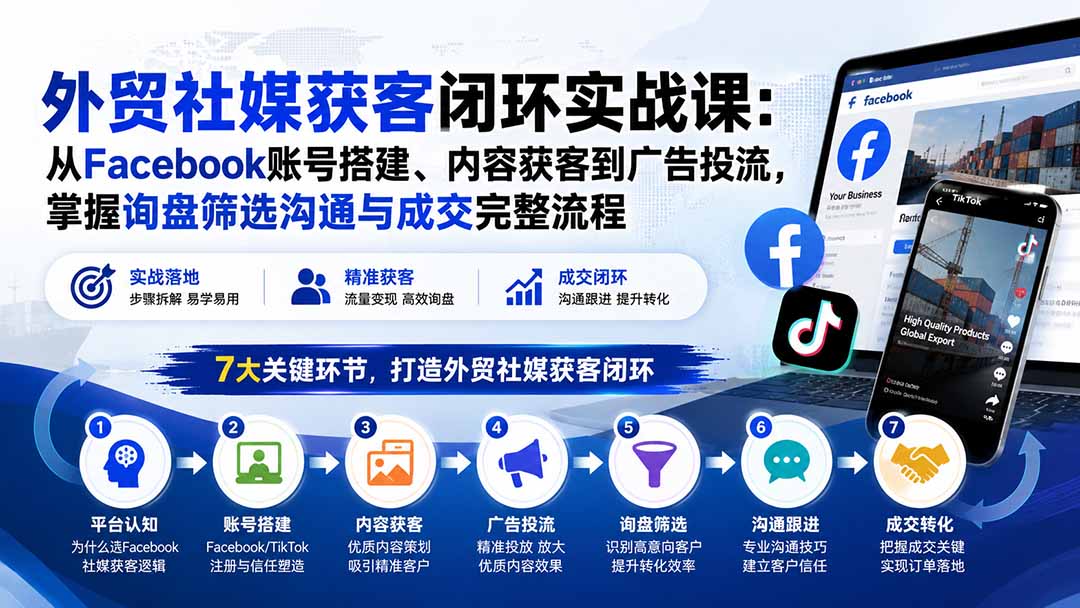 外贸社媒获客闭环实战课:从Facebook账号搭建、内容获客到广告投流,掌握询盘筛选沟通与成交完整流程-精品虚拟资源库