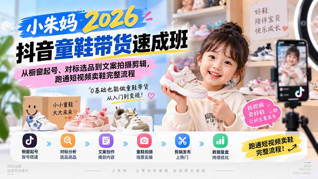 小朱妈2026抖音童鞋带货速成班：从橱窗起号、对标选品到文案拍摄剪辑，跑通短视频卖鞋完整流程-精品虚拟资源库