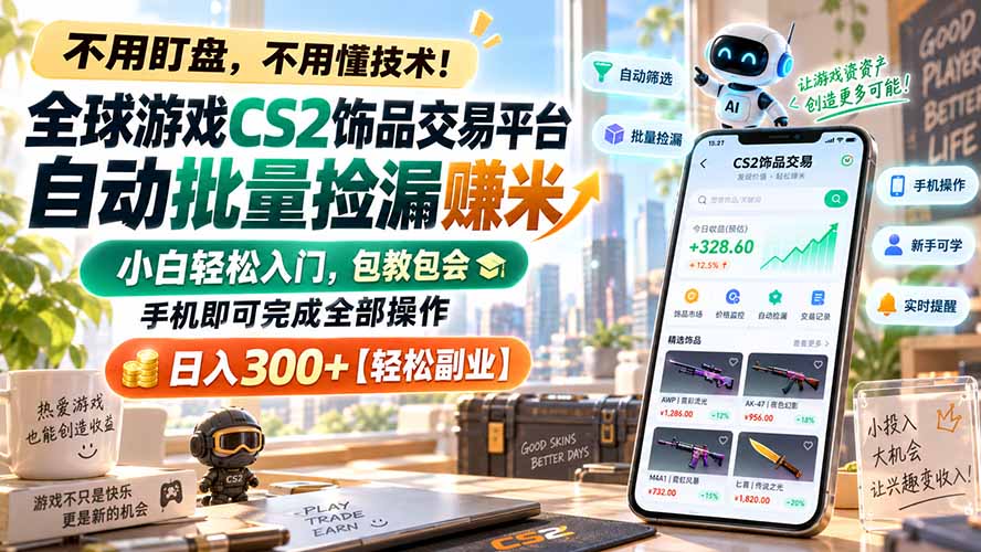 全球游戏CS2饰品交易平台自动批量捡漏赚米，小白轻松入门，包教包会，手机即可完成全部操作，日入300+【轻松副业】-精品虚拟资源库