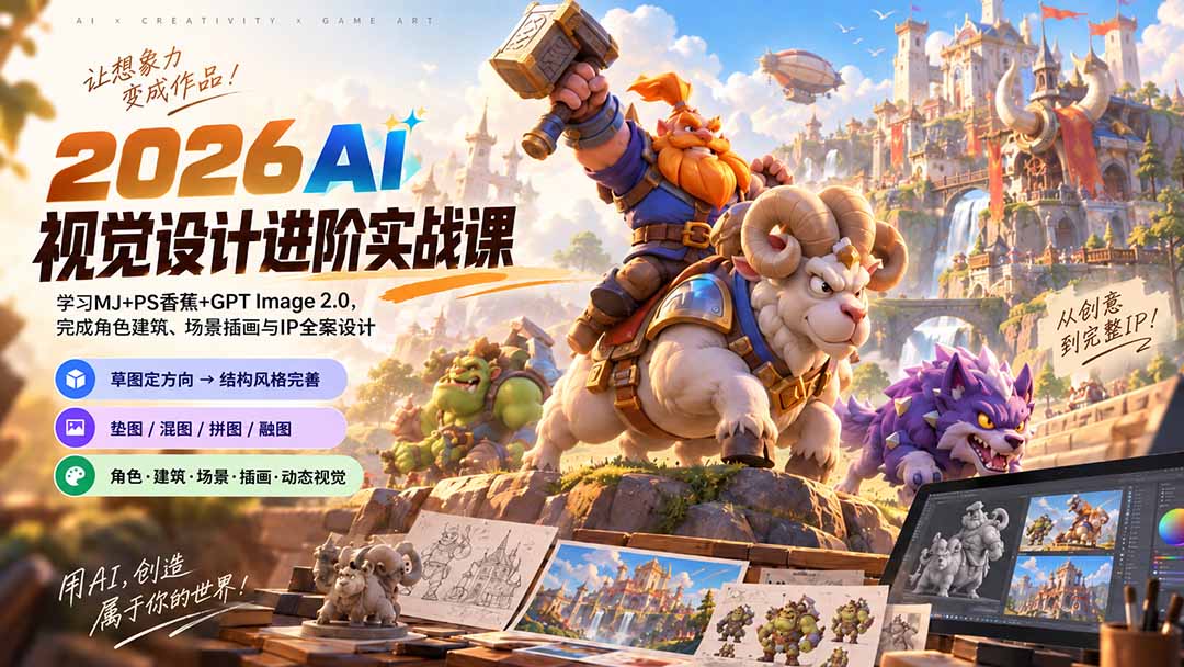 2026AI视觉设计进阶实战课-更新:学习MJ+PS香蕉+GPT Image 2.0,完成角色建筑、场景插画与IP全案设计-精品虚拟资源库