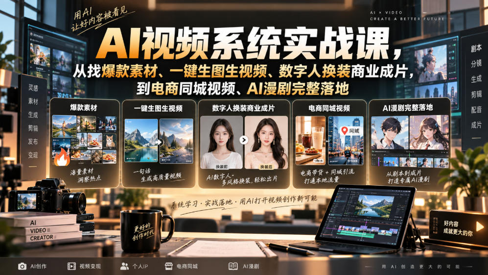 AI视频系统实战课,从找爆款素材、一键生图生视频、数字人换装商业成片,到电商同城视频、AI漫剧完整落地-精品虚拟资源库