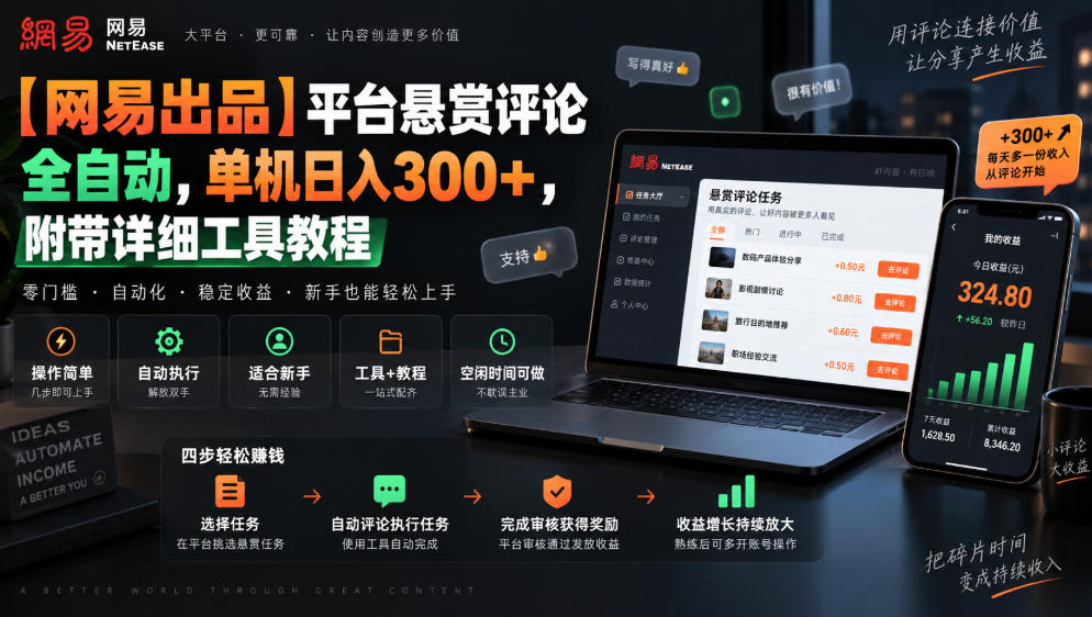 【网易出品】平台悬赏评论全自动，单机日入300+，附带详细工具教程【揭秘】-精品虚拟资源库