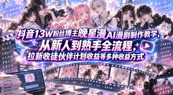 抖音13W粉丝博主晚星漫AI漫剧制作教学，从新人到熟手全流程，拉新收徒伙伴计划收益等多种收益方式，单日1K+-精品虚拟资源库