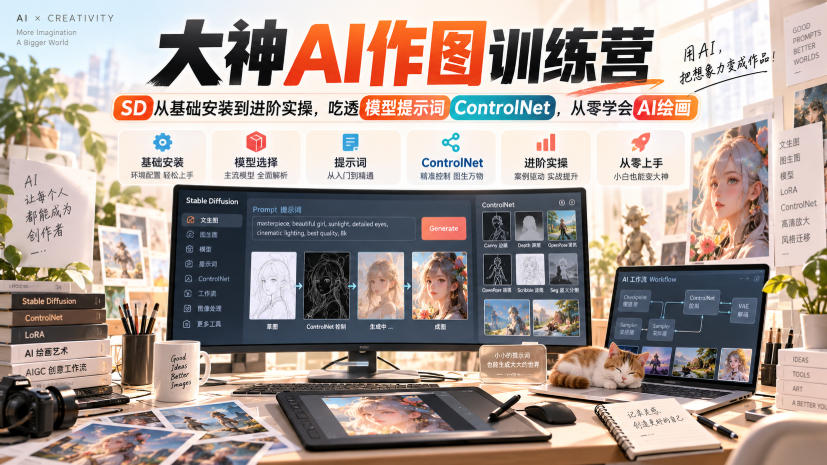 大神AI作图训练营,SD从基础安装到进阶实操,吃透模型提示词ControlNet,从零学会AI绘画-精品虚拟资源库
