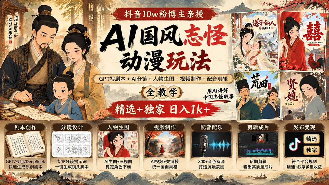 抖音10w粉博主亲授AI国风志怪动漫玩法｜GPT写剧本+AI分镜+人物生图+视频制作+配音剪辑全教学｜精选+独家日入1k+-精品虚拟资源库