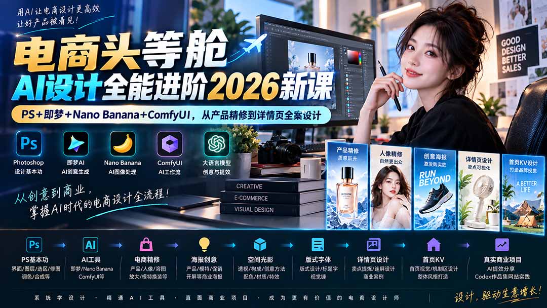 电商头等舱AI设计全能进阶2026新课：PS+即梦+Nano Banana+ComfyUI，从产品精修到详情页全案设计-精品虚拟资源库