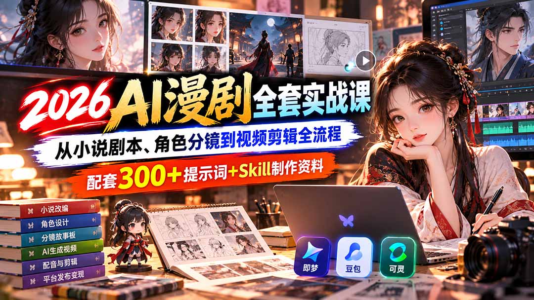 【无水印】2026AI漫剧全套实战课:从小说剧本、角色分镜到视频剪辑全流程,配套300+提示词+Skill制作资料-精品虚拟资源库