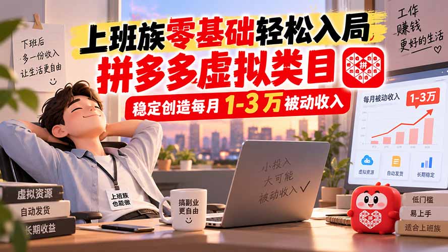 上班族零基础轻松入局，拼多多虚拟类目，稳定创造每月 1-3 万被动收入-精品虚拟资源库