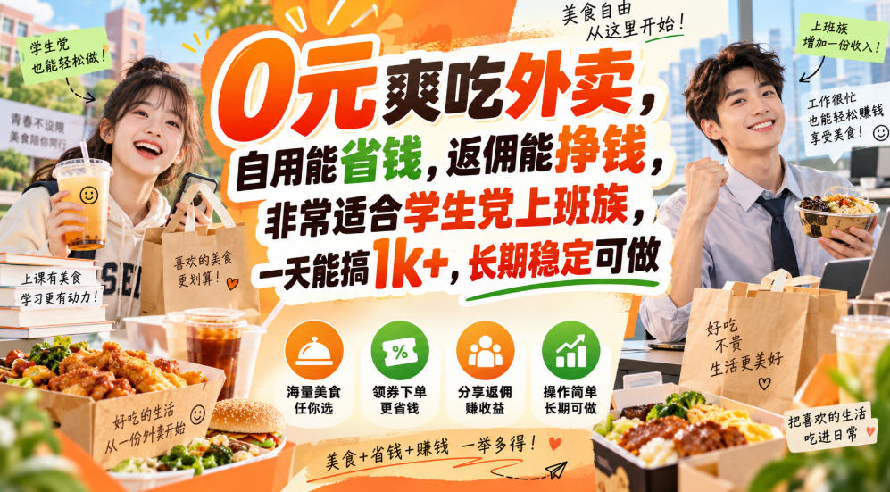 0元爽吃外卖，自用能省钱，返佣能挣钱，非常适合学生党上班族，一天能搞1k+，长期稳定可做-精品虚拟资源库
