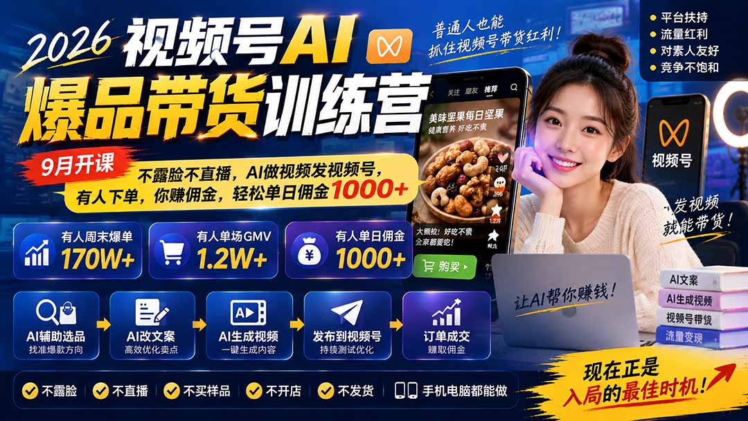 2026视频号AI爆品带货训练营-9月开课｜不露脸不直播，AI做视频发视频号，有人下单，你赚佣金，轻松单日佣金1000+-精品虚拟资源库